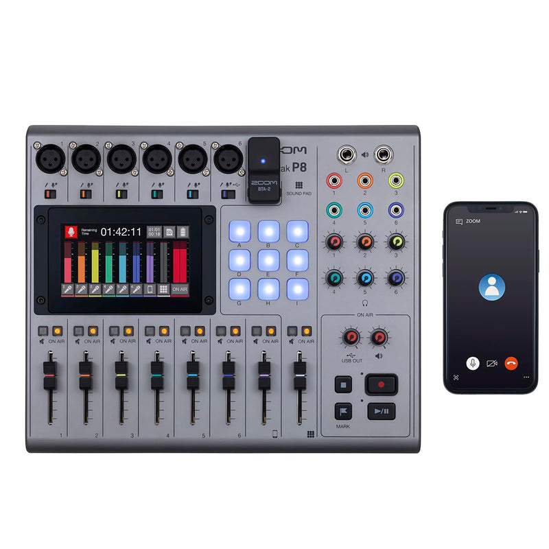 Zoom PodTrak P8 Podcast Recorder, 6 Microphone Inputs, 6 Headphone Outputs, Phone Input, Sound Pads, Onboard Editing, Record to SD card, USB Audio Interface, Battery Powered