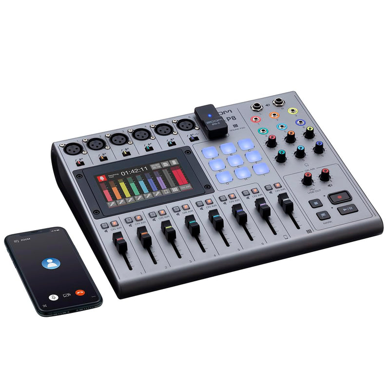 Zoom PodTrak P8 Podcast Recorder, 6 Microphone Inputs, 6 Headphone Outputs, Phone Input, Sound Pads, Onboard Editing, Record to SD card, USB Audio Interface, Battery Powered