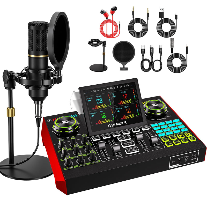 Podcast Microphone Bundle with Live Sound Card Audio Mixer, Podcast Equipment Bundle with 3.5mm BM800 Microphone for Pc/Youtube Live Streaming Singing Gaming, Sound Board with Voice Changer, Denoise