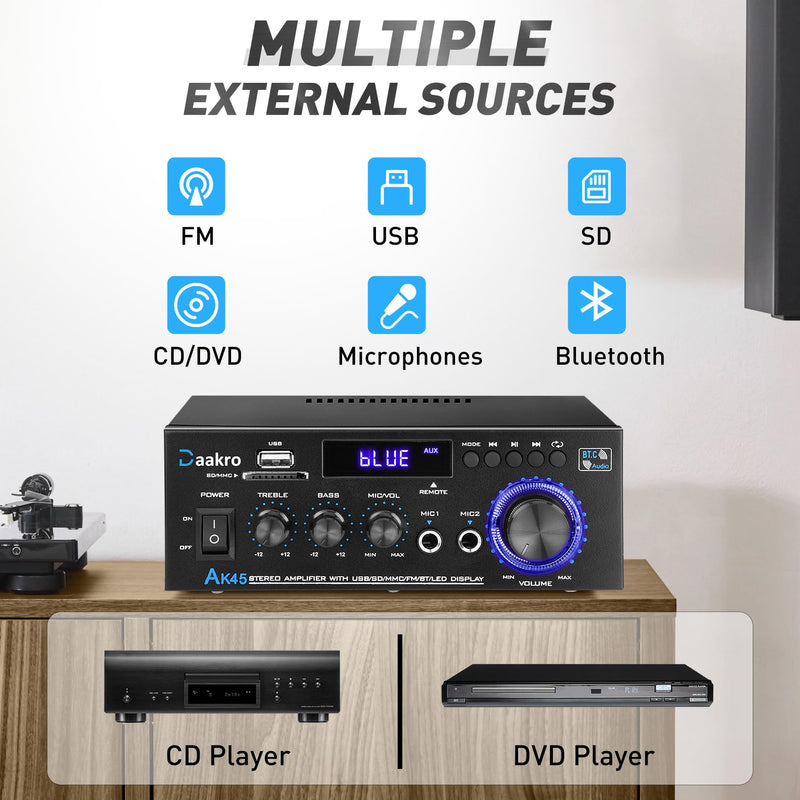 Daakro AK45 Stereo Audio Amplifier,300W Home 2 Channel Wireless Bluetooth 5.0 Power Amplifier System, Home Amplifiers FM Radio, USB, SD Card, with Remote Control Home Theater Audio Stereo System