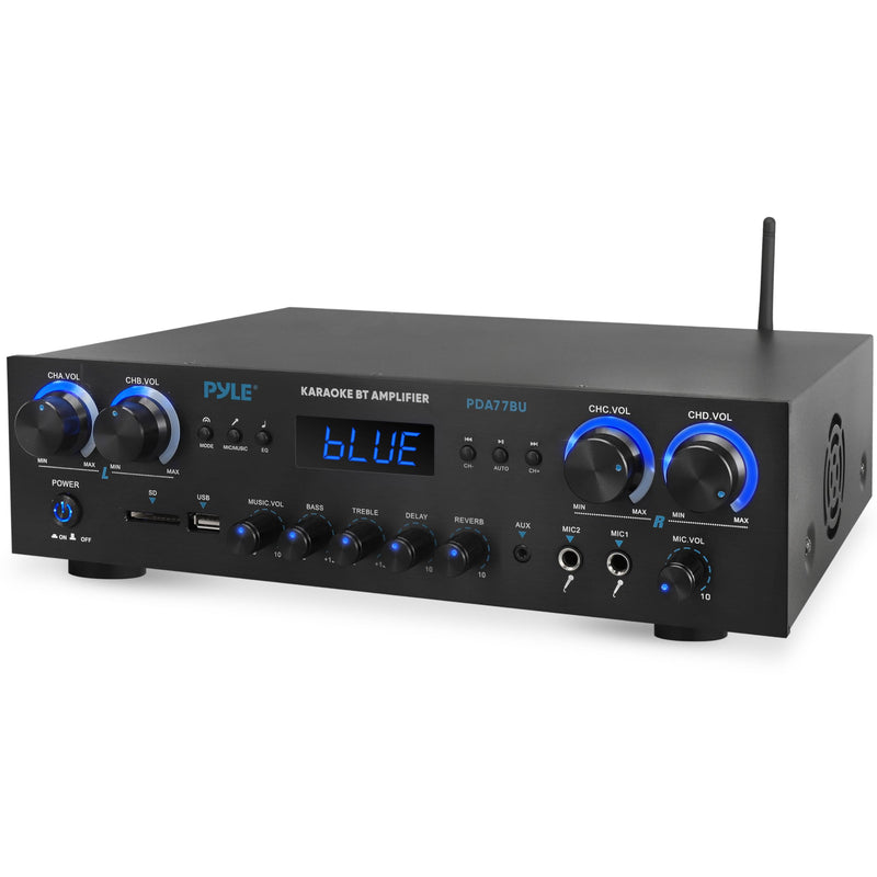 Pyle Bluetooth Home Audio Theater Amplifier Stereo Receiver- 4 Channel, 800 Watt Sound System w/ MP3,USB,SD,AUX,RCA,FM,MIC, Headphone, Reverb Delay, LED Vol, for Home/Studio/Theater Speakers- PDA77BU