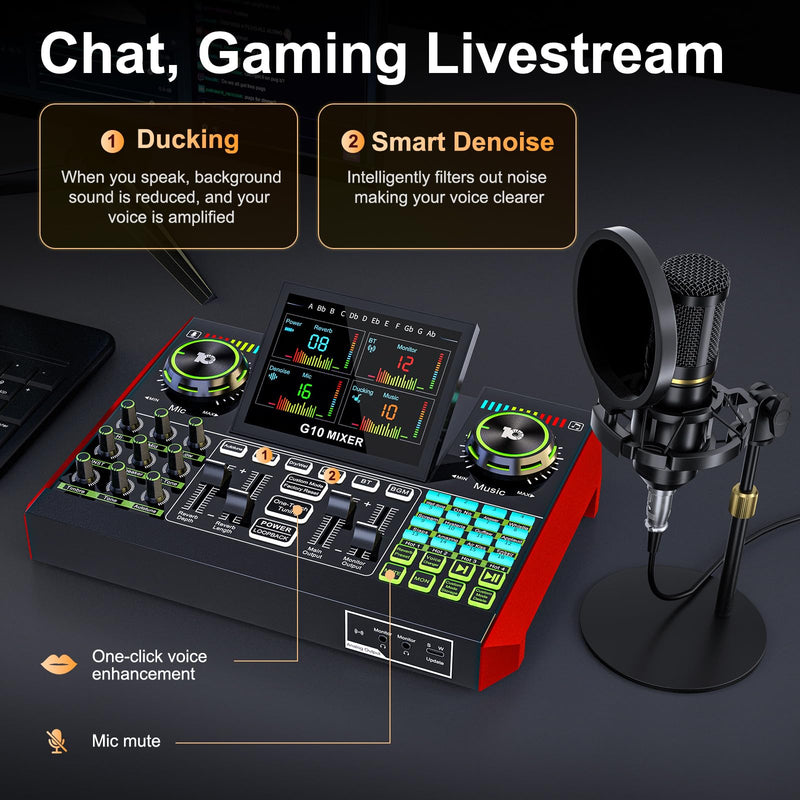 Podcast Microphone Bundle with Live Sound Card Audio Mixer, Podcast Equipment Bundle with 3.5mm BM800 Microphone for Pc/Youtube Live Streaming Singing Gaming, Sound Board with Voice Changer, Denoise