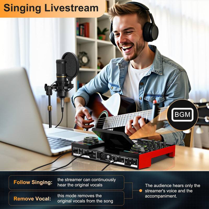 Podcast Microphone Bundle with Live Sound Card Audio Mixer, Podcast Equipment Bundle with 3.5mm BM800 Microphone for Pc/Youtube Live Streaming Singing Gaming, Sound Board with Voice Changer, Denoise