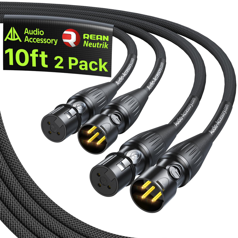 AA AUDIO ACCESSORY XLR Cables 10ft 2 Pack, Neutrik REAN Gold-Pin Connectors, 21AWG OFC, Kevlar-Reinforced Nylon Braided, AL & OFC Dual Shielded Male to Female Balanced XLR Microphone Cable for Shure