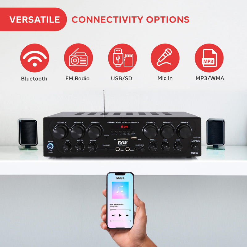 Pyle Wireless Bluetooth Home Audio Amplifier System-Upgraded 6 Channel 750 Watt Sound Power Stereo Receiver w/USB, Micro SD, Headphone,2 Microphone Input w/Echo, Talkover for PA - PTA62BT.5