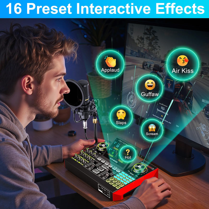 Podcast Microphone Bundle with Live Sound Card Audio Mixer, Podcast Equipment Bundle with 3.5mm BM800 Microphone for Pc/Youtube Live Streaming Singing Gaming, Sound Board with Voice Changer, Denoise