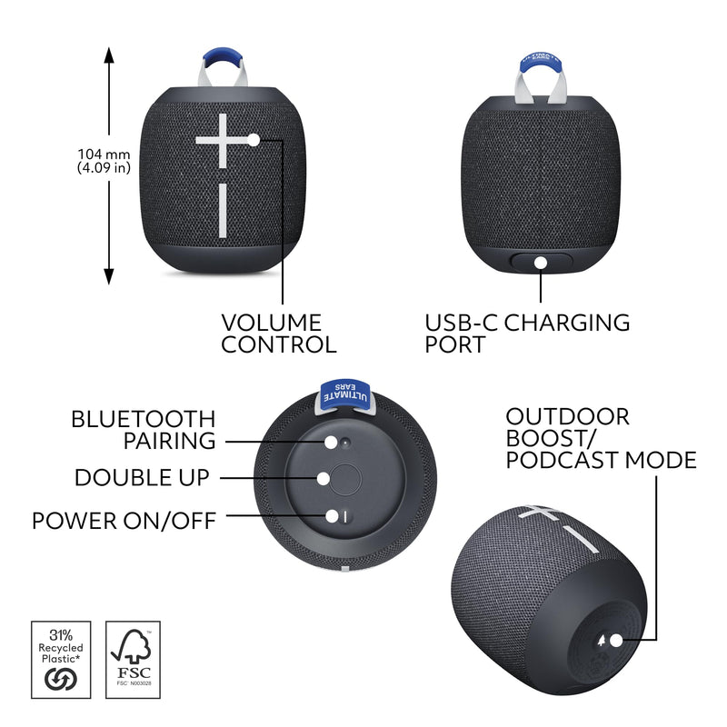 Ultimate Ears WONDERBOOM 4 Waterproof Bluetooth Outdoor Speakers with Big Bass & 360-Degree Sound, Dustproof Floating Wireless Speaker, 131ft Range - Black