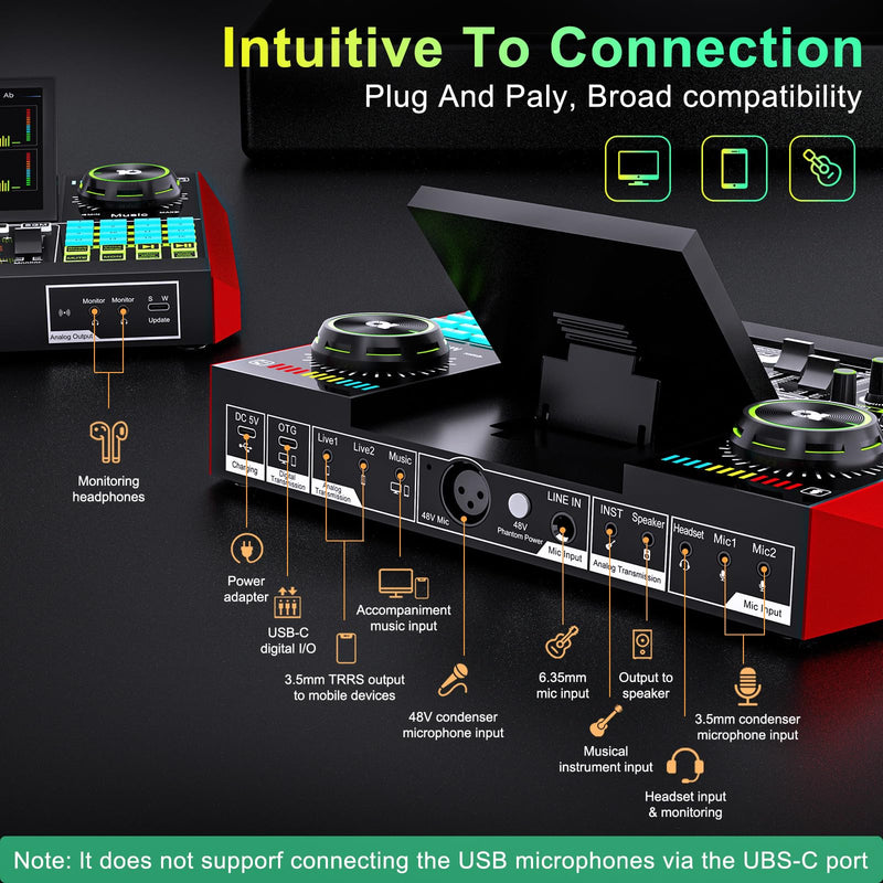 Podcast Microphone Bundle with Live Sound Card Audio Mixer, Podcast Equipment Bundle with 3.5mm BM800 Microphone for Pc/Youtube Live Streaming Singing Gaming, Sound Board with Voice Changer, Denoise