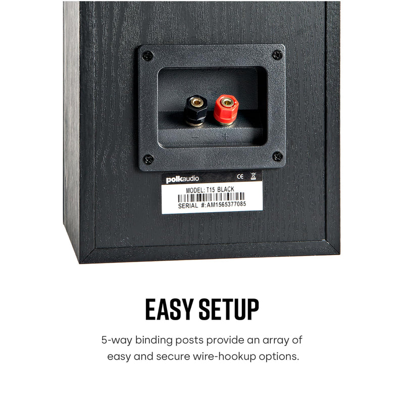 Polk Audio T15 Home Theater and Stereo Bookshelf Speakers – Deep Bass Response, Dolby and DTS Surround, Wall-Mountable, Pair, Black